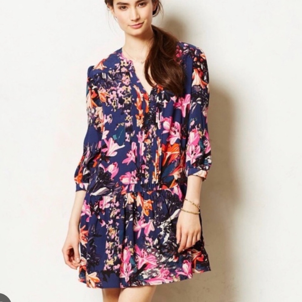 Maeve Anthropologie Floral Caravane Pintuck Tunic Dress Vacation‎ Mini